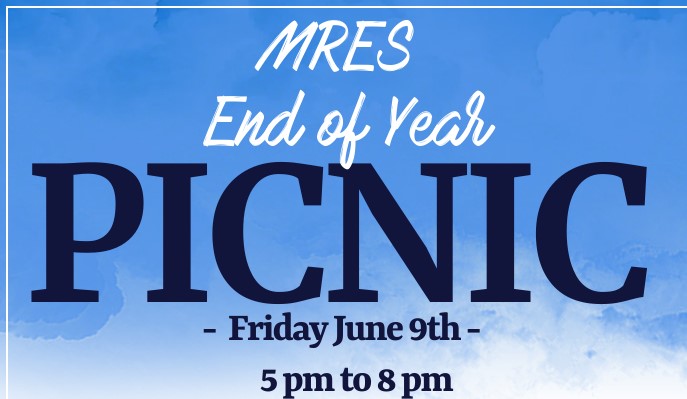 blue back ground with picnic date June 9th and time 5 to 8 pm